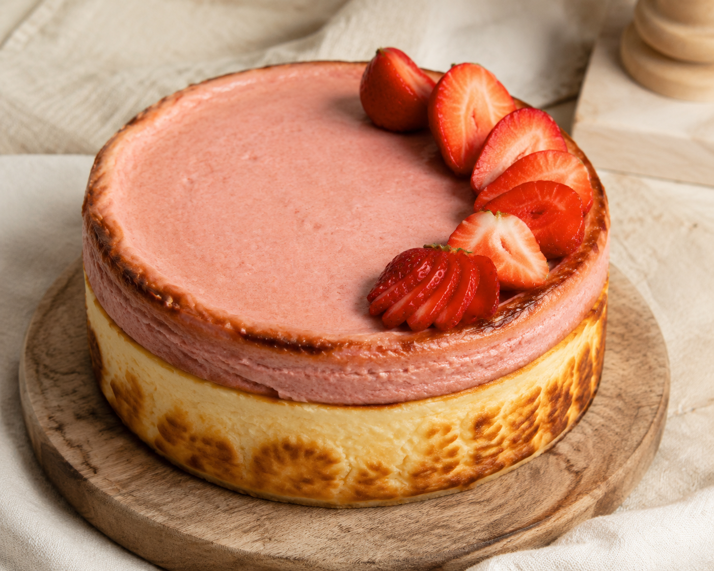 Close-up of a creamy slice of Double-Layer Strawberry Basque
