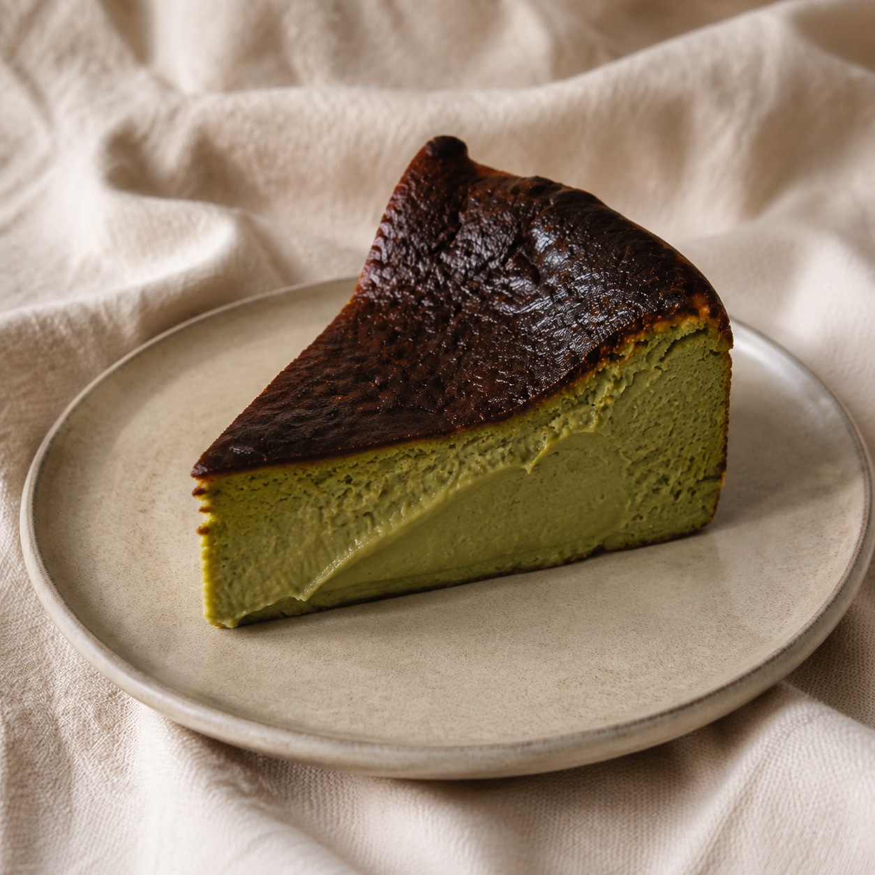 Close-up of a creamy slice of Matcha Basque