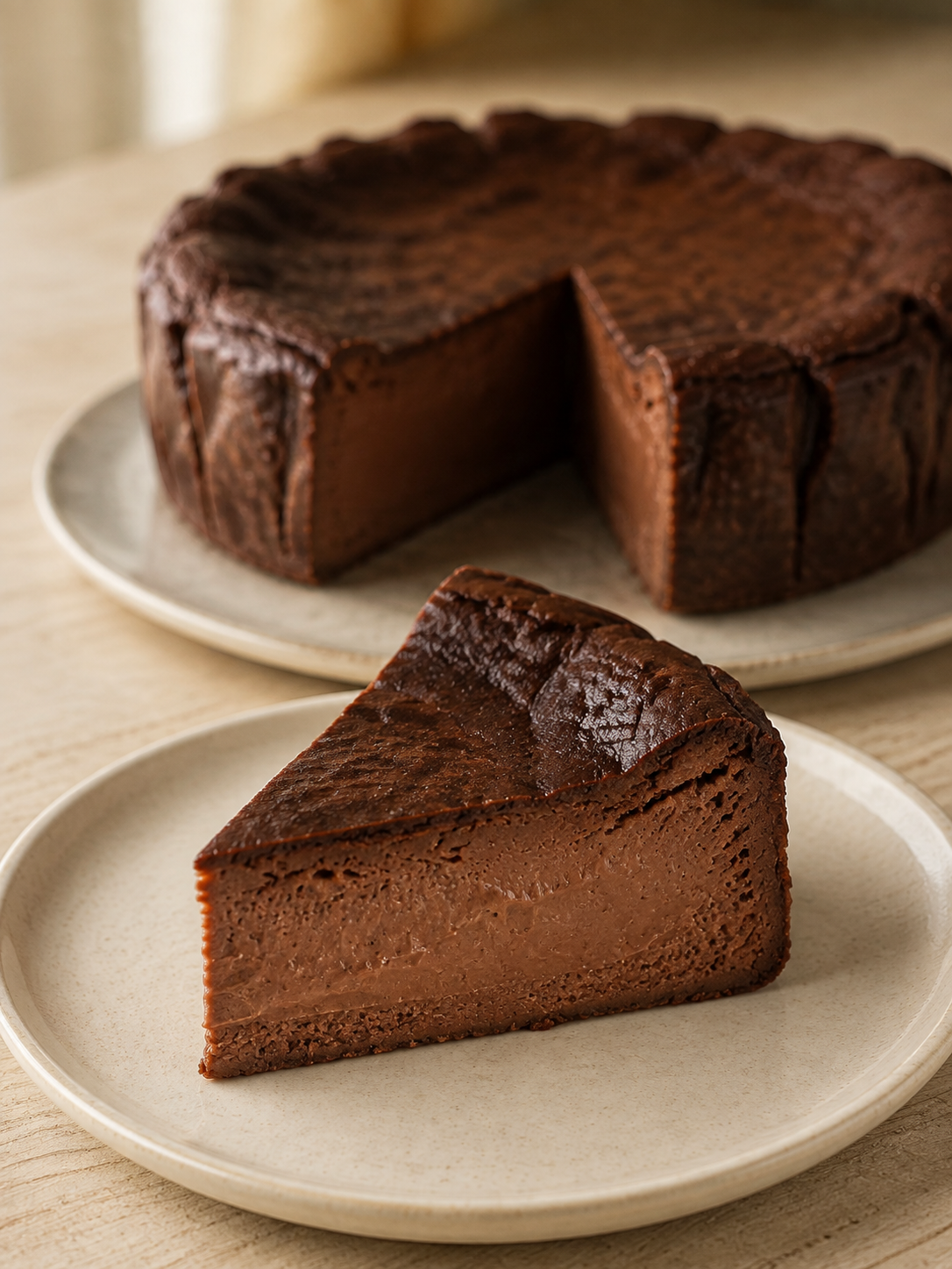 A whole Chocolate Basque cooling in its parchment collar