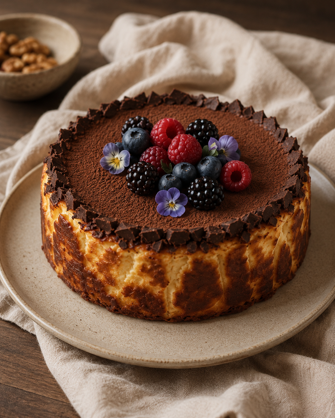 A whole chocolate Basque cheesecake topped with fresh berries on a ceramic plate