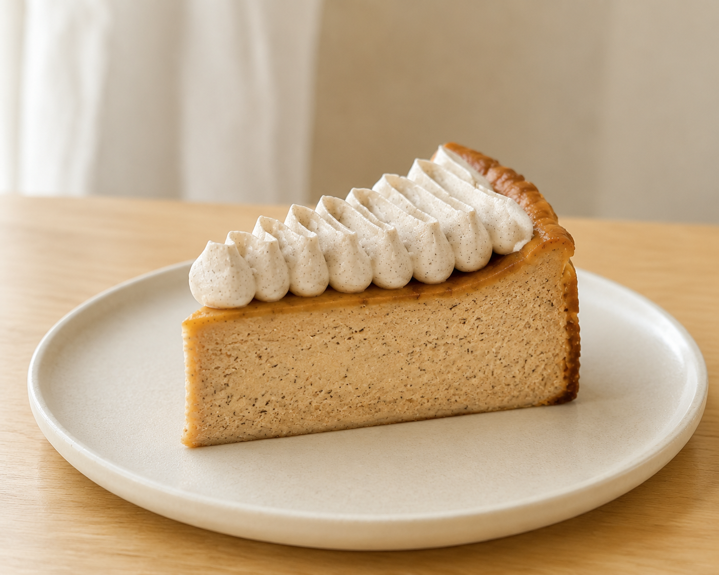 Close-up of a creamy slice of Earl Grey Basque