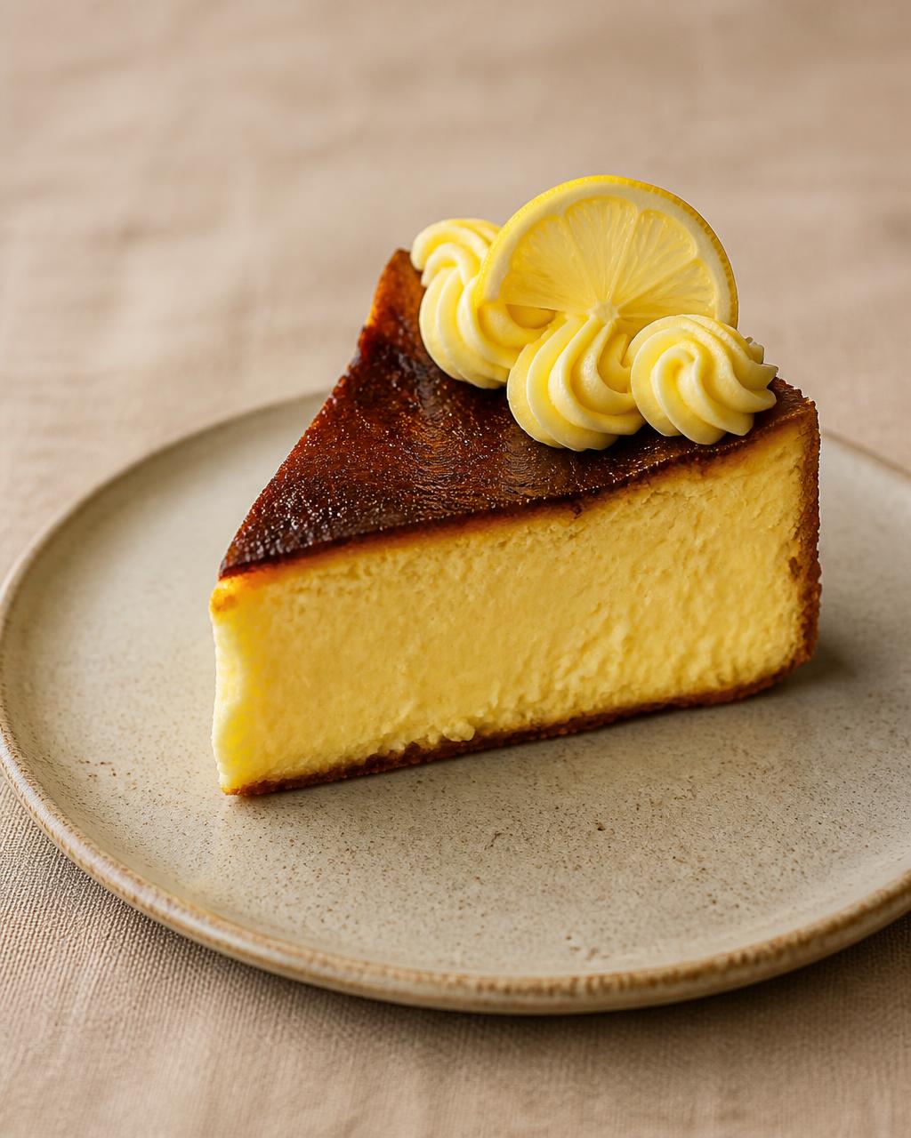 A slice of lemon Basque cheesecake with lemon cream and a lemon garnish