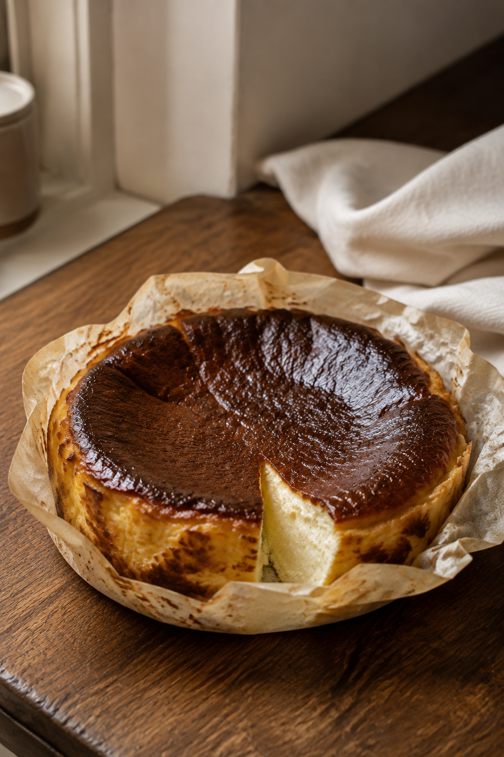 A whole Vanilla Bean Basque cooling in its parchment collar