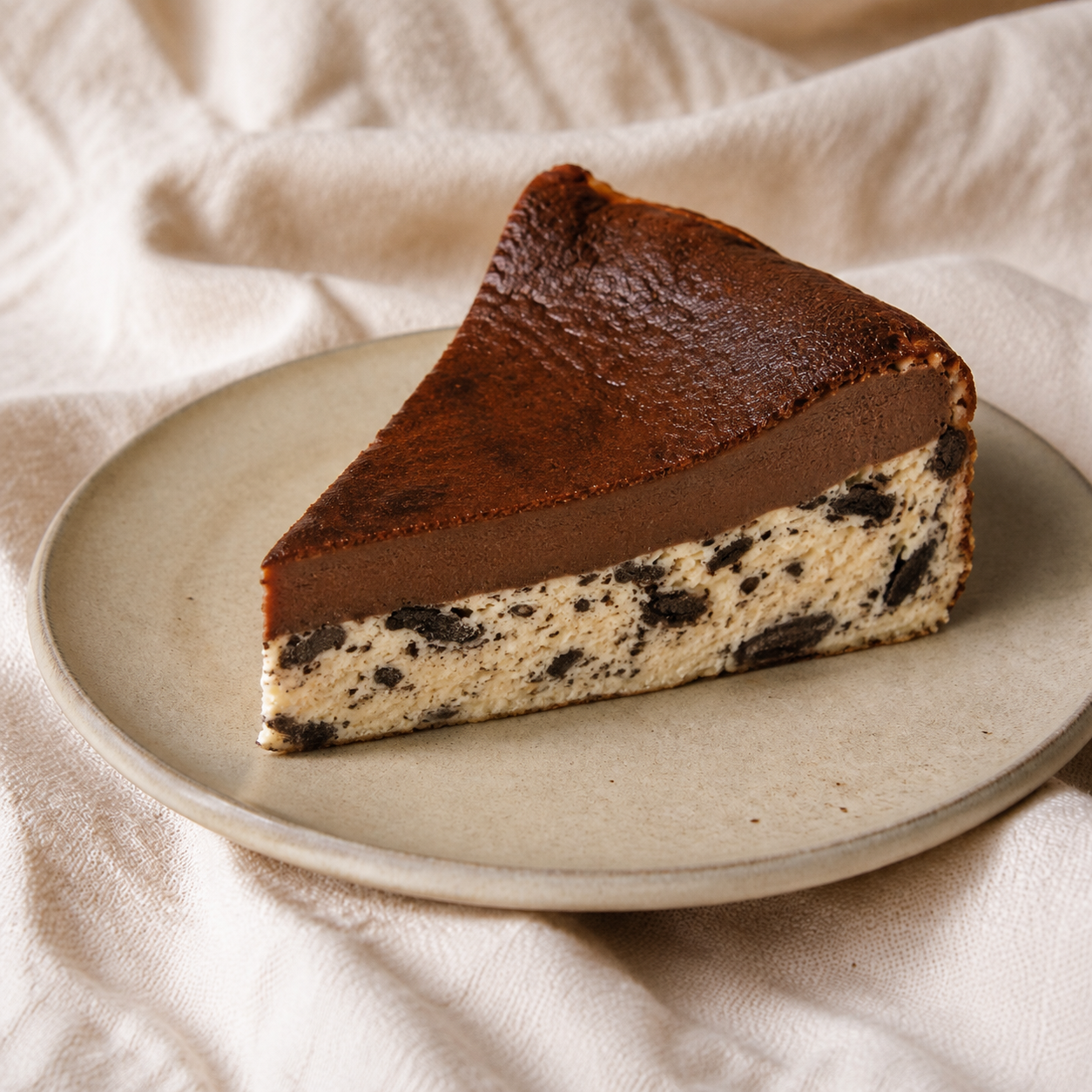 Close-up of a creamy slice of Double-Layer Dark Chocolate Oreo Basque