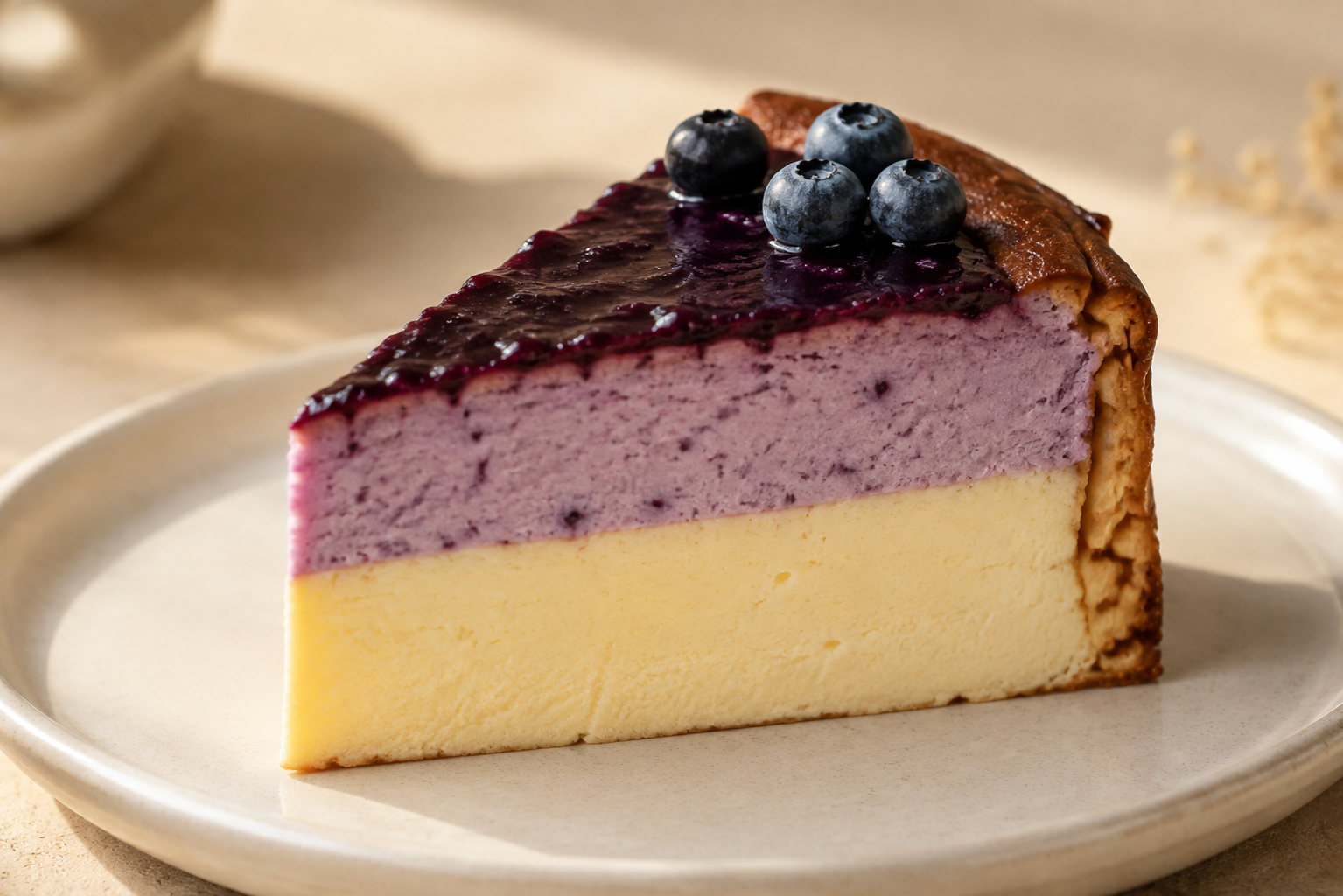 Close-up of a creamy slice of Double-Layer Blueberry Basque