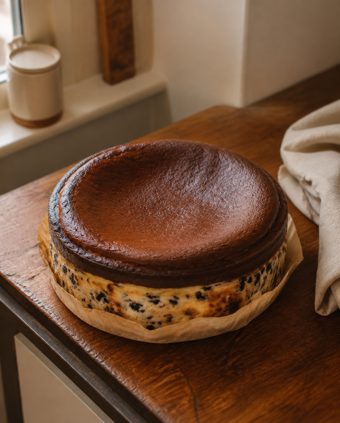A whole Double-Layer Dark Chocolate Oreo Basque cooling in its parchment collar