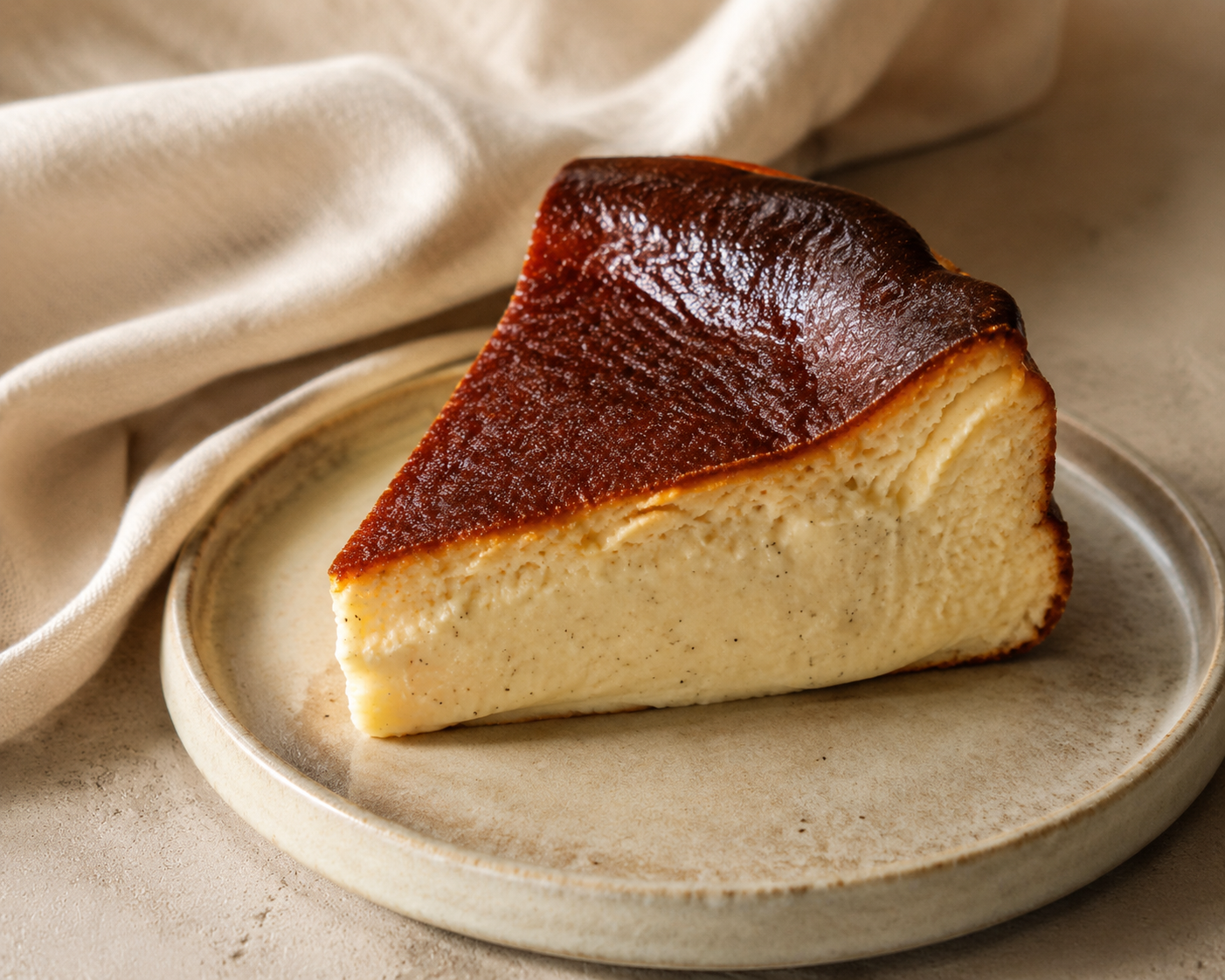 Close-up of a creamy slice of Vanilla Bean Basque