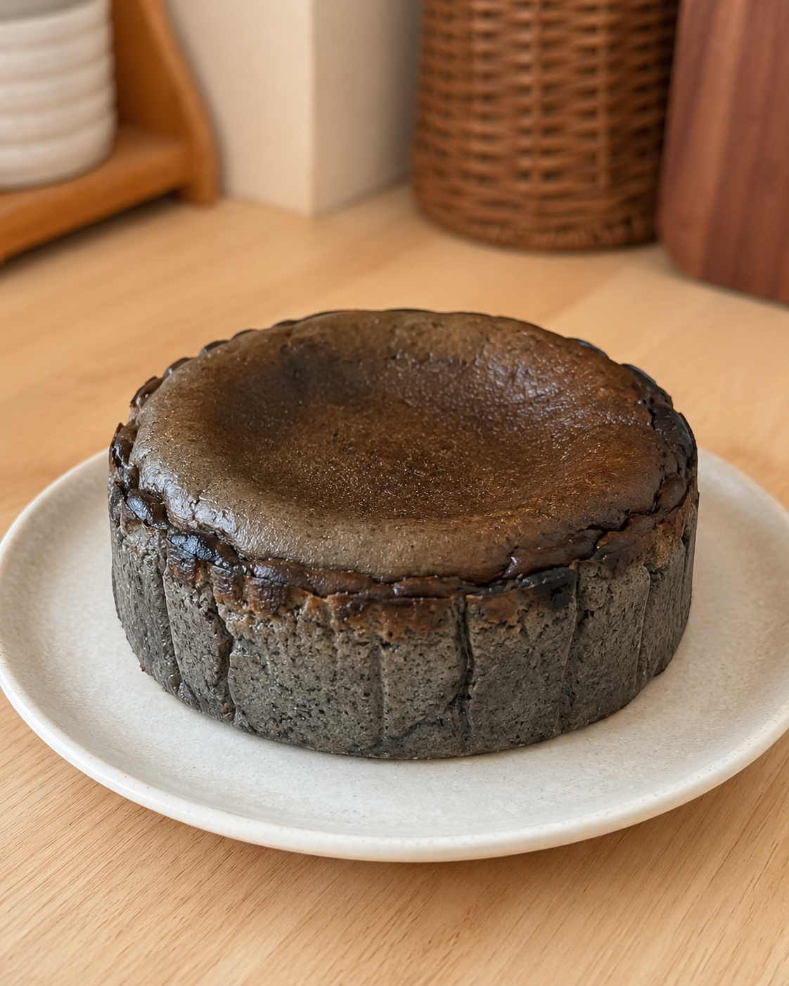 A whole Black Sesame Basque cooling in its parchment collar