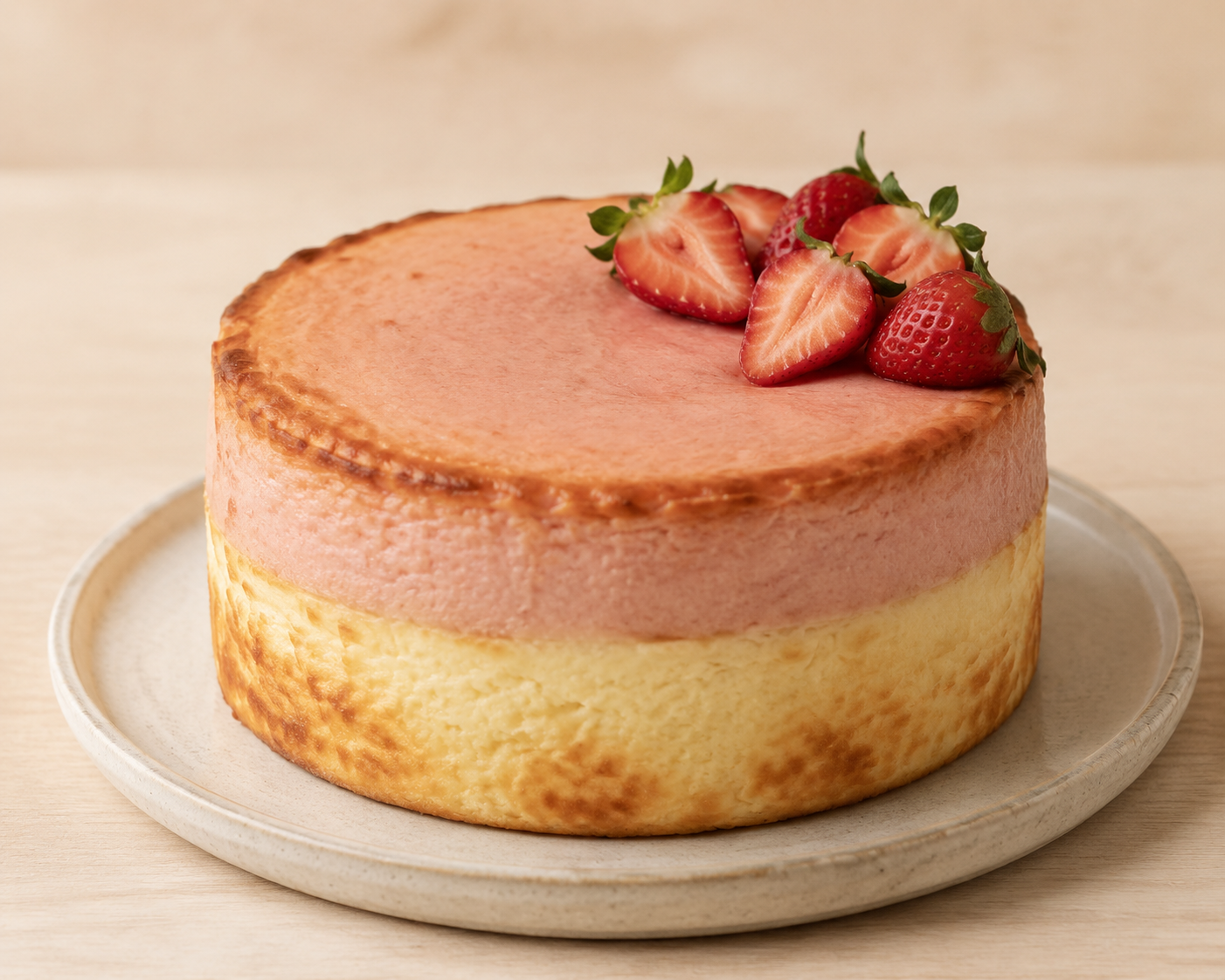 A whole Double-Layer Strawberry Basque cooling in its parchment collar
