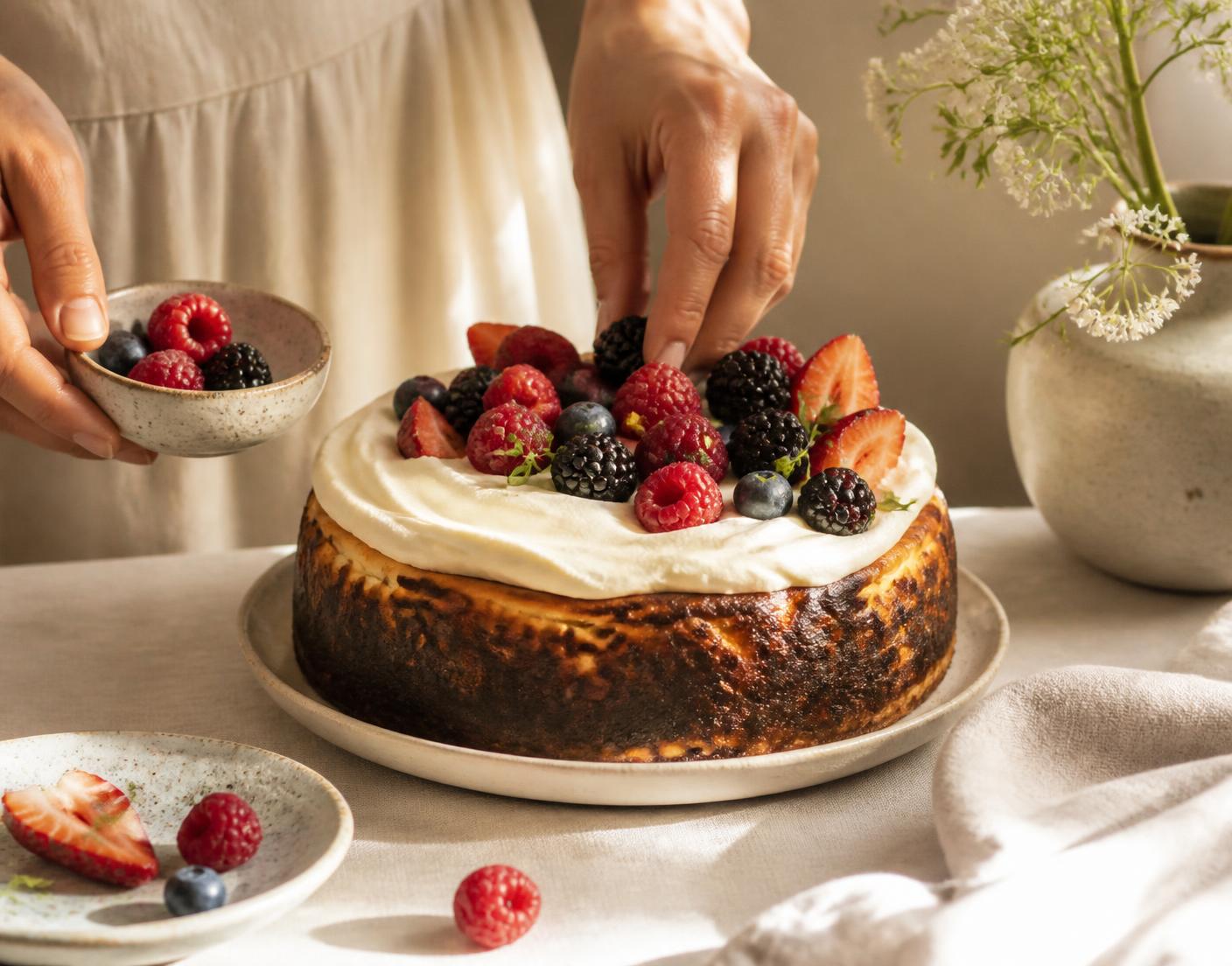 Chocolate Basque finished by hand with cream and fresh fruit