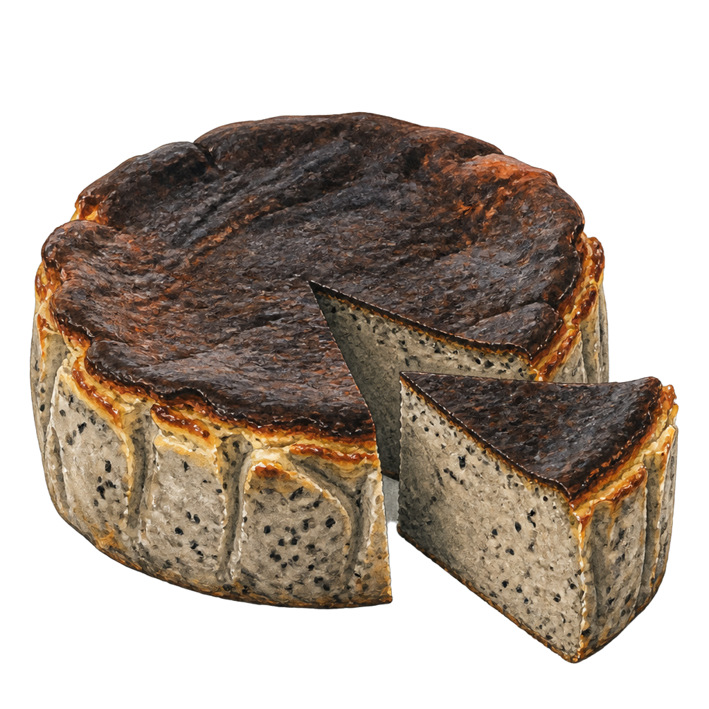 Hand-painted illustration of Black Sesame Basque