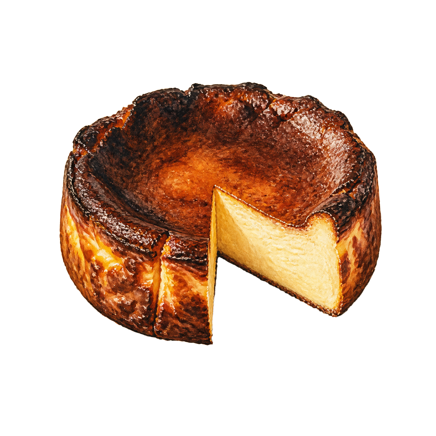 Hand-painted illustration of a whole Basque cheesecake with one slice removed