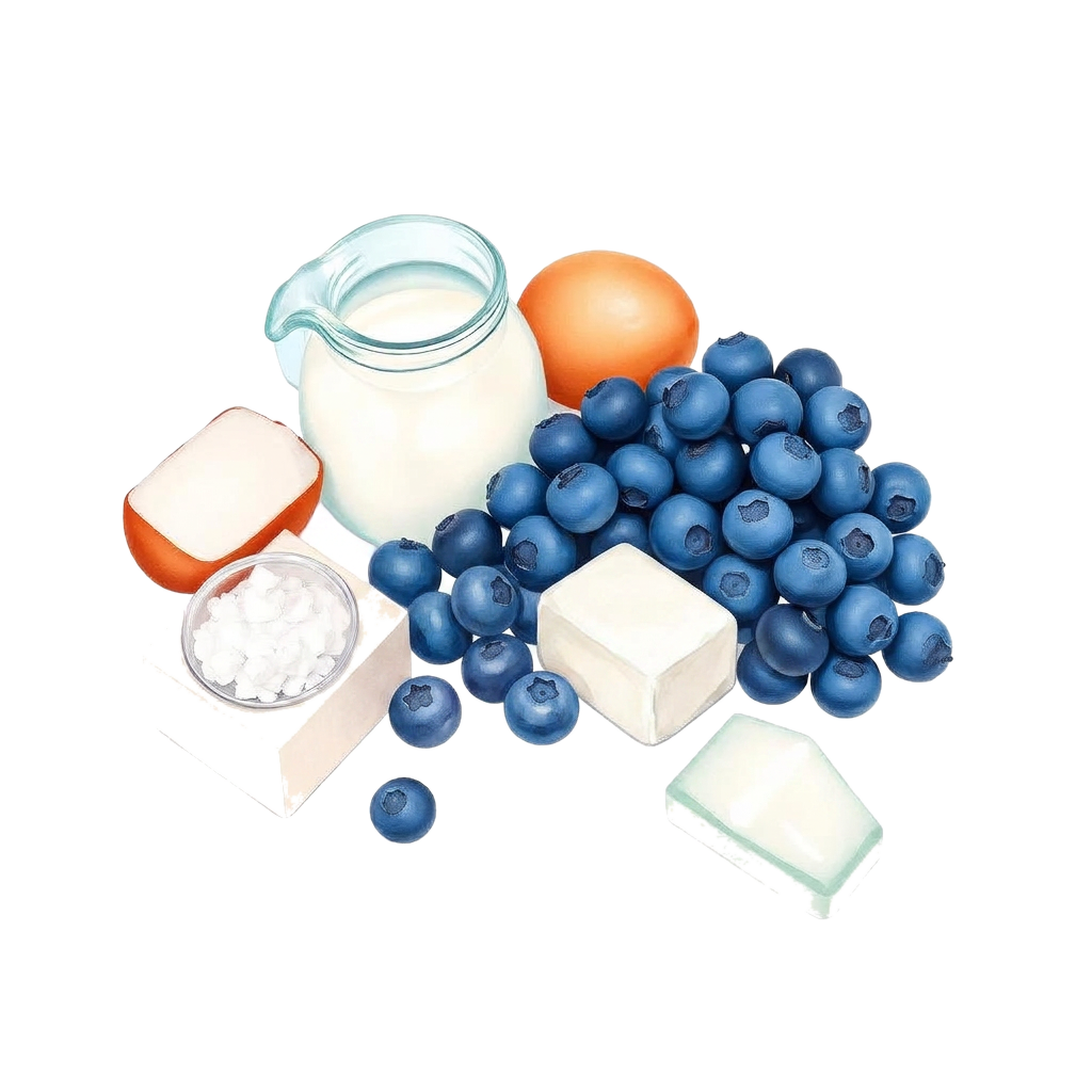Hand-painted illustration of the ingredients used in Double-Layer Blueberry Basque