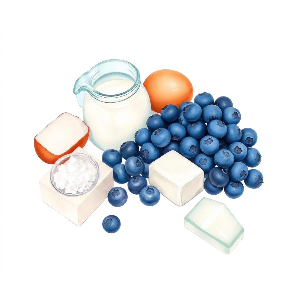 Hand-painted illustration of the ingredients used in Double-Layer Blueberry Basque