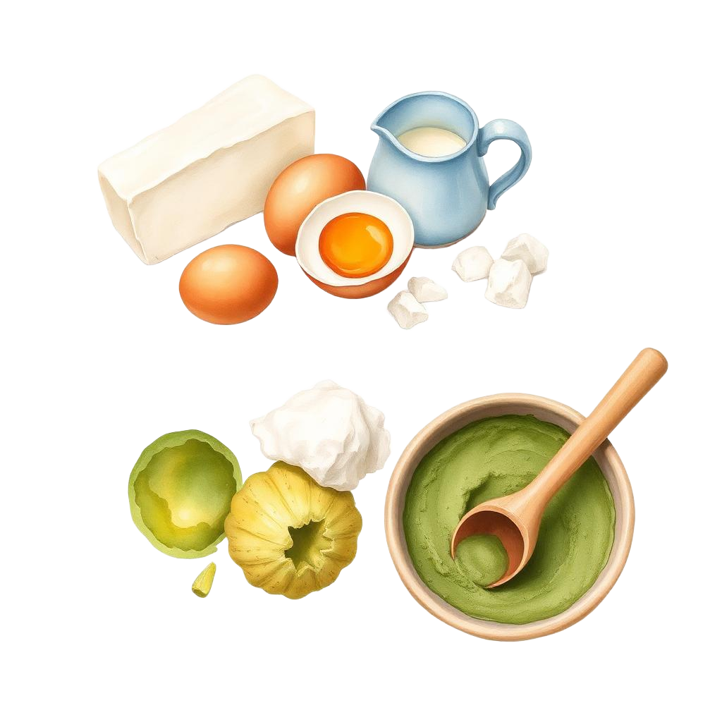 Hand-painted illustration of the ingredients used in Matcha Basque