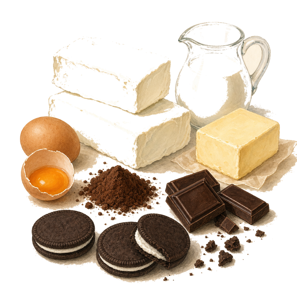 Hand-painted illustration of the ingredients used in Double-Layer Dark Chocolate Oreo Basque