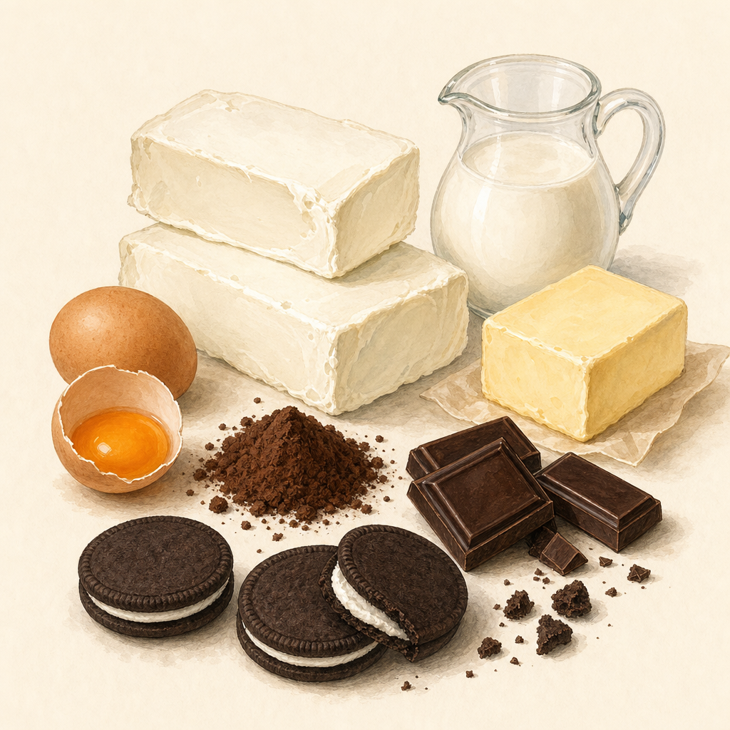 Hand-painted illustration of the ingredients used in Double-Layer Dark Chocolate Oreo Basque