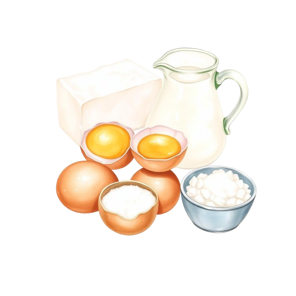 Hand-painted illustration of the ingredients used in Original Basque Cheesecake