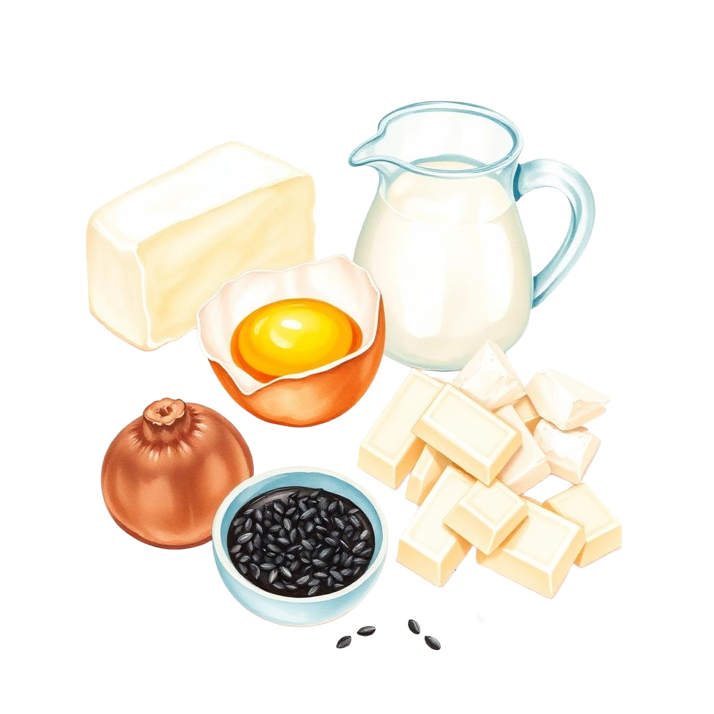 Hand-painted illustration of the ingredients used in Black Sesame Basque