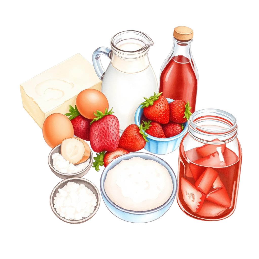 Hand-painted illustration of the ingredients used in Double-Layer Strawberry Basque