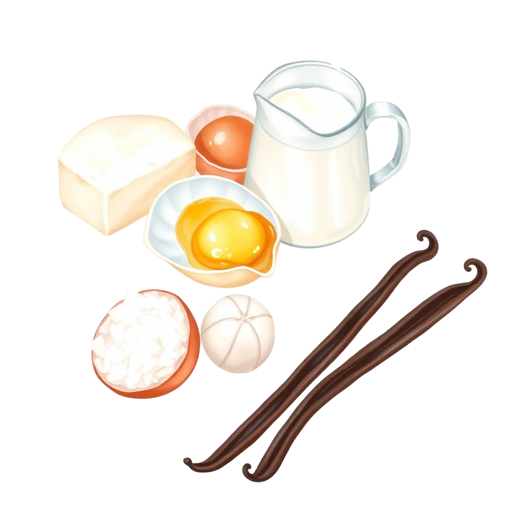 Hand-painted illustration of the ingredients used in Vanilla Bean Basque