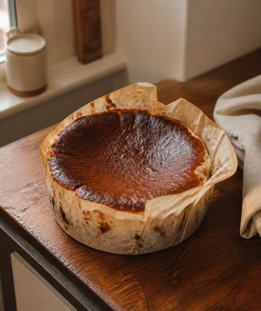 A whole Original Basque cooling in its parchment collar